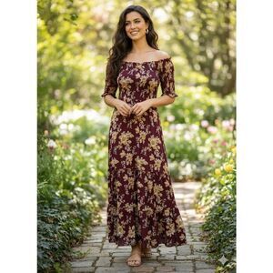 Natural Life Maxi Dress Boho Marsala Red Floral  XS S